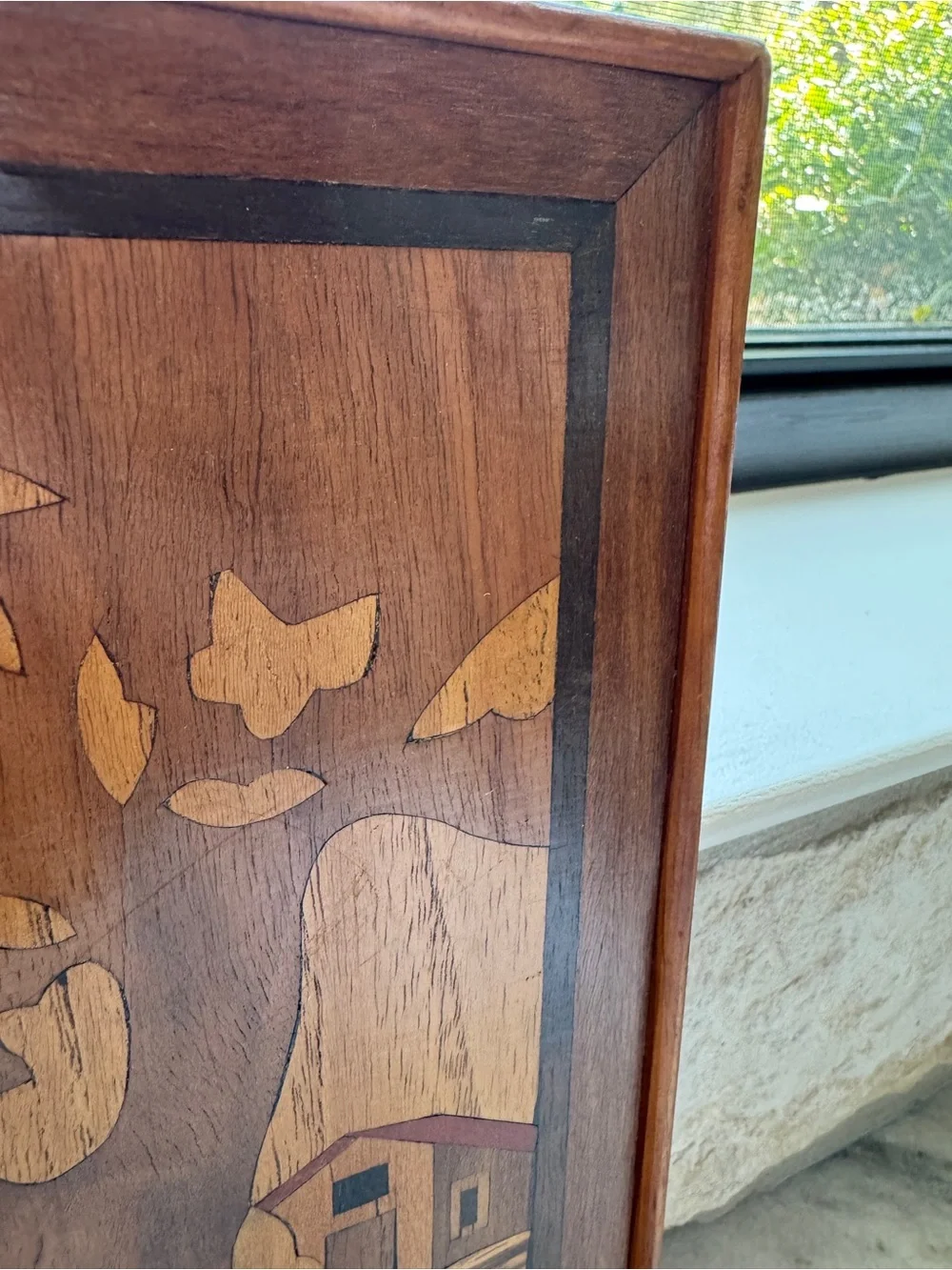 1970’s Handcrafted Wood Marquetry Wall Art in Brown and Red